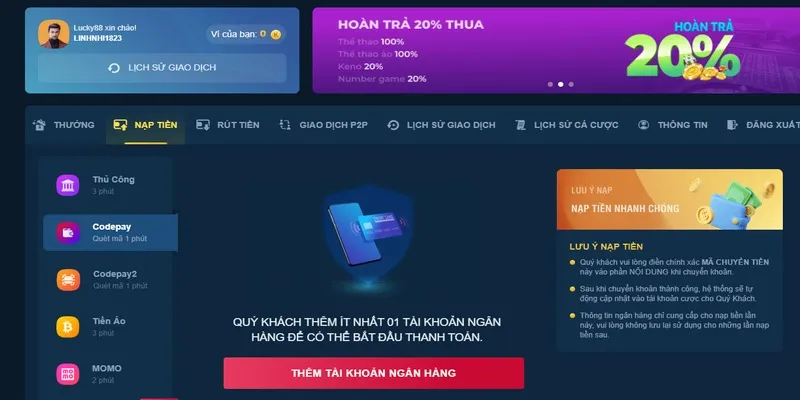 Nạp tiền Lucky88 nhờ Codepay nhanh chóng chỉ trong 1 phút